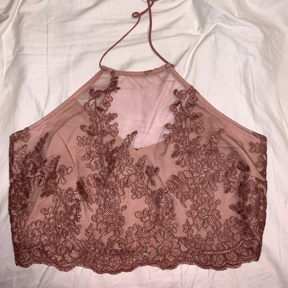 Tobi Rose Gold halter top with Pink Lace Overlay